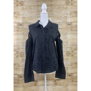 BP Stripe Bow Cold Shoulder Top, Black, Size L